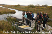 The workshop participants visit "Rakovie Lakes" reserve - one of the sites for Bewick's Swan in Russia / Photo: Nicky Petkov (Wetlands International)