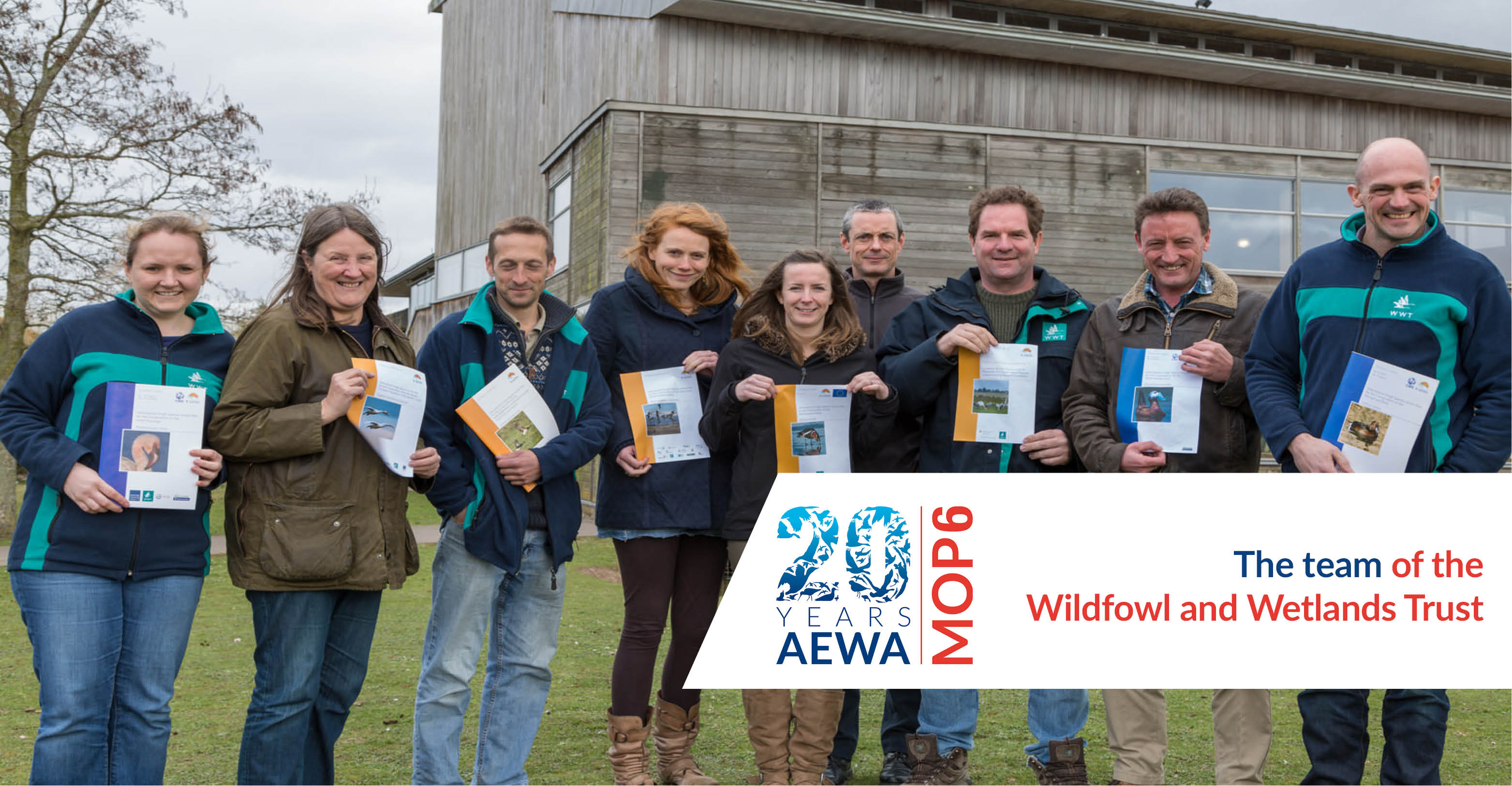 The team of the Wildfowl and Wetlands Trust (WWT) - from left to right Ms. Rebecca Lee, Ms. Eileen Rees, Mr. Geoff Hilton, Ms. Julia Newth, Ms. Anne Harrison, Mr. Peter Cranswick, Mr. Nigel Jarrett, Mr. Baz Hughes and Mr. Richard Hearn