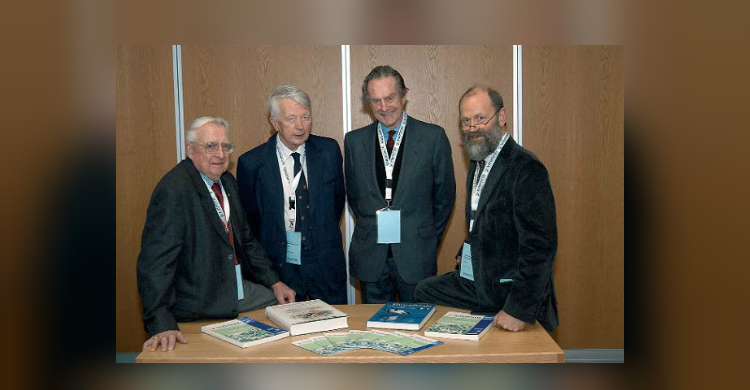 Patrons of Waterbirds around the world: from left to right: Harvey Nelson (USA), Hugh Boyd (Canada), Geoffrey Matthews (UK) and Eckhart Kuijken (Belgium) -  Photo: Dougie Barnett 